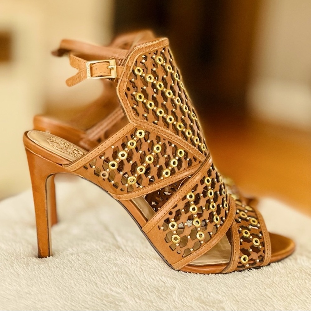 Vince Camuto Korthina Gladiator Stiletto Peep Toe Buckled Leather Heels